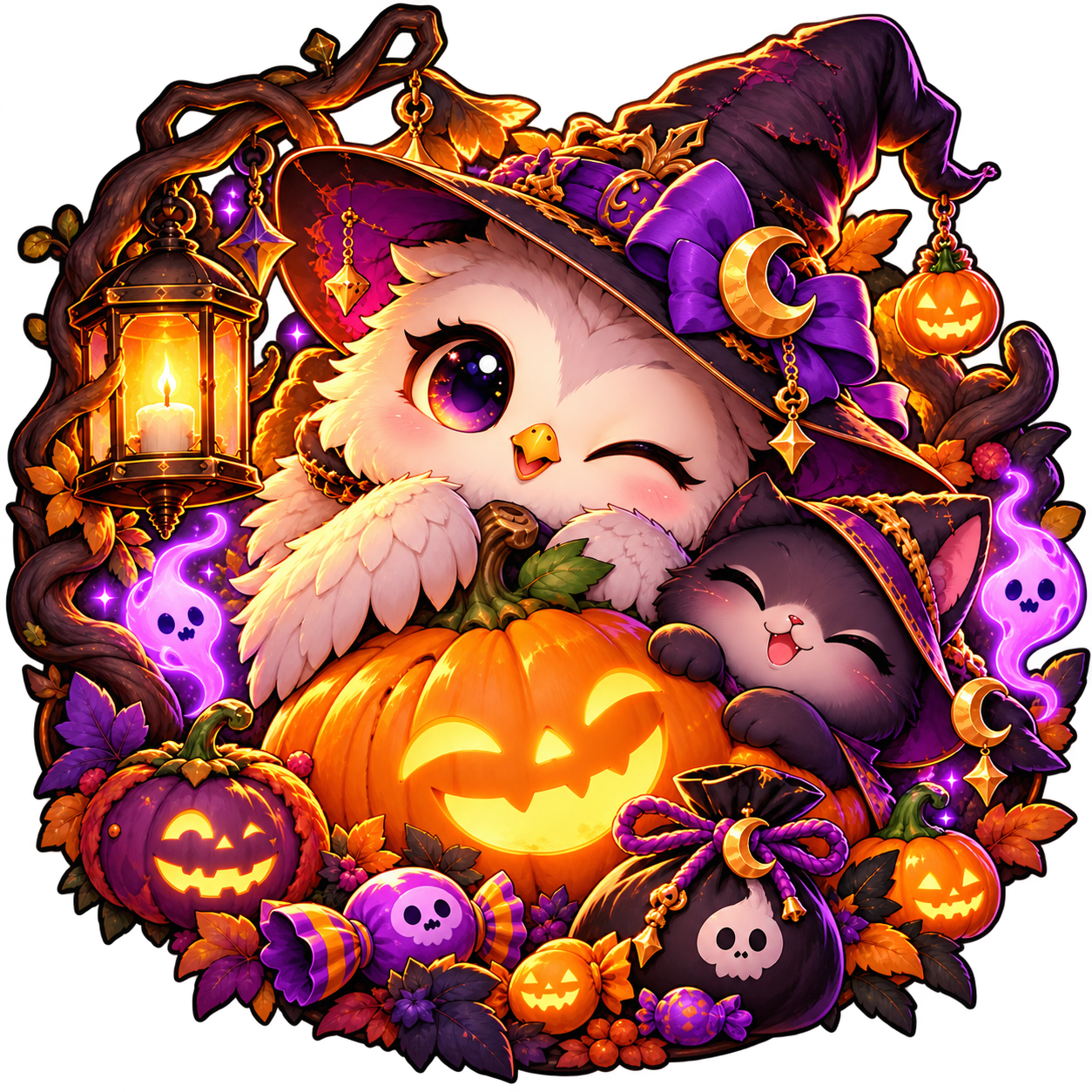 Spooky owl and cat Halloween crest